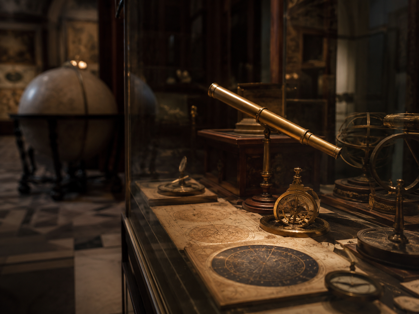 Galileo's telescope and astronomical tools in a display case