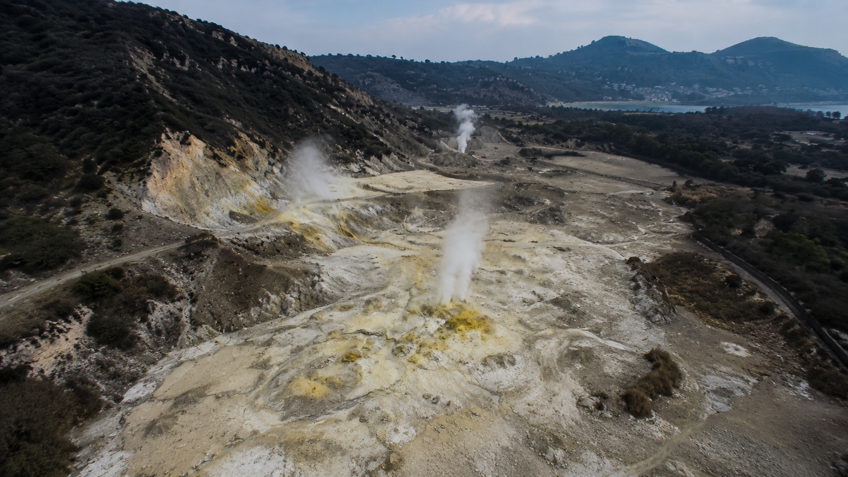 Aerial view of the steaming Solfatara crater in the Campi Flegrei near Naples