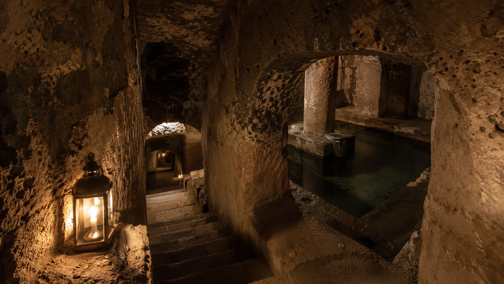 Lantern-lit ancient stone chamber in the Naples underground