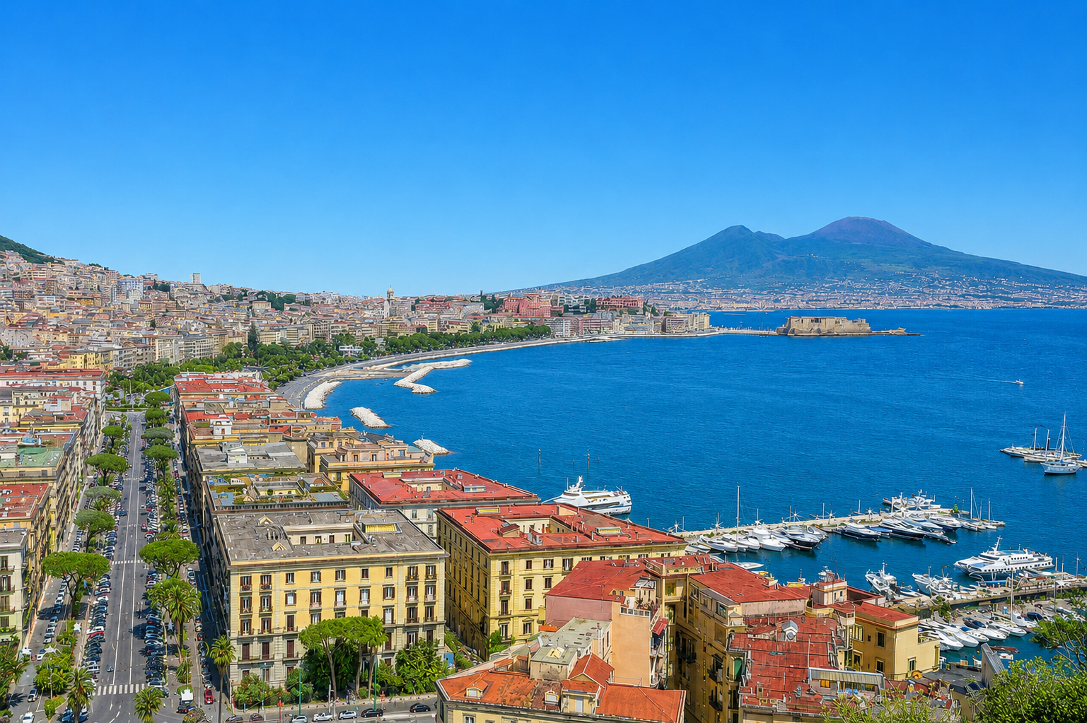 Panoramic view of the Bay of Naples with Mount Vesuvius in the distance