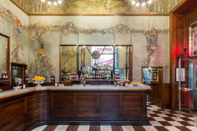 Historic Milan café interior in the style of Camparino, Galleria Vittorio Emanuele II