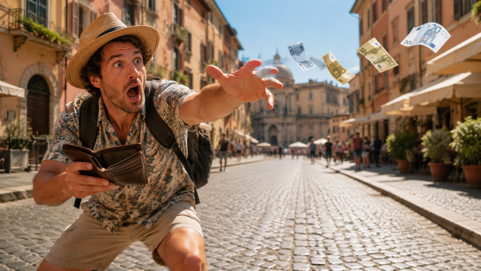 Startled tourist chasing euro banknotes blowing away on a Rome street