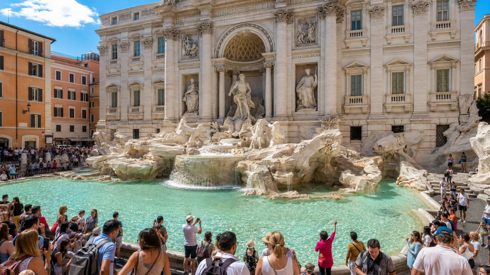 Crowd of tourists gathered around the Trevi Fountain in Rome