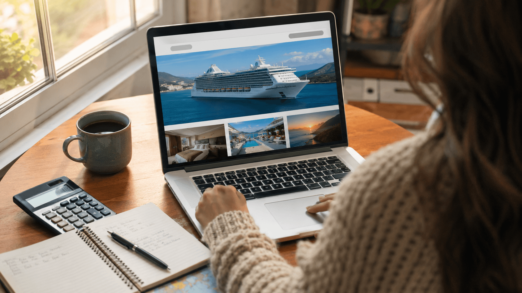 Person planning a cruise budget on a laptop with a notebook and calculator