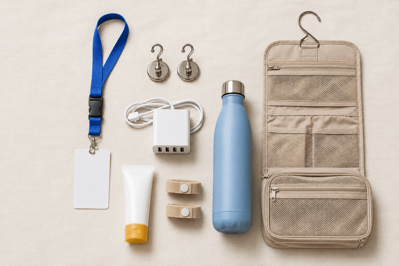 Flat-lay of cruise packing essentials: lanyard, magnetic hooks, USB charging hub, water bottle, sunscreen, and an over-the-door organizer