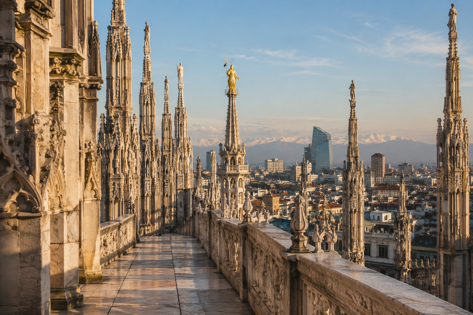 Marble spires along the rooftop terraces of Milan's Duomo
