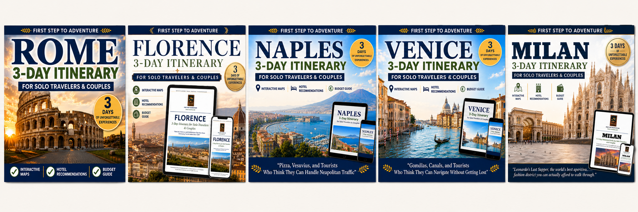 Italy 3-Day Itinerary PDF guides for Rome, Florence, Naples, Venice, and Milan