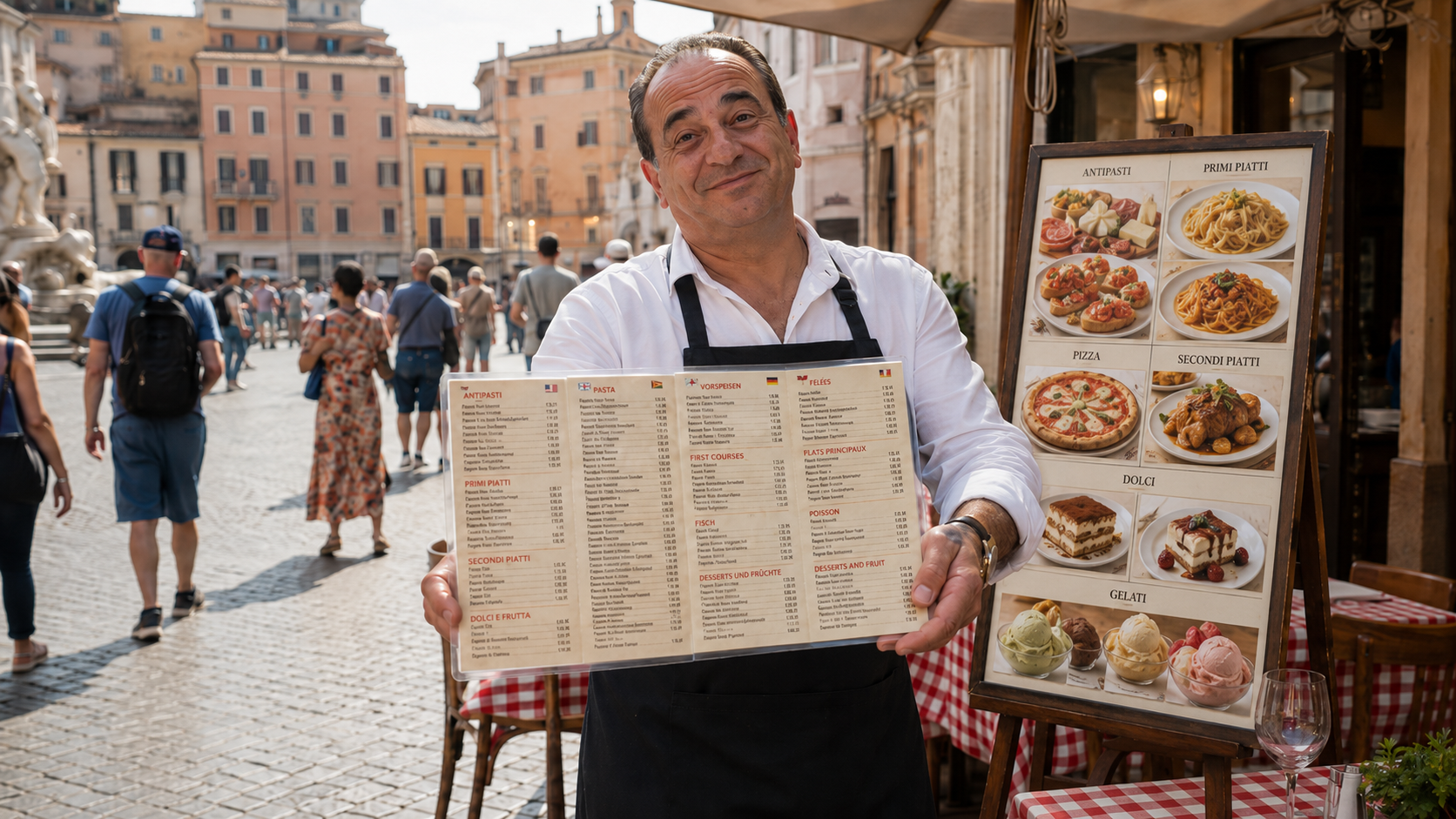 Waiter holding a large photo menu at a tourist restaurant in a Rome piazza