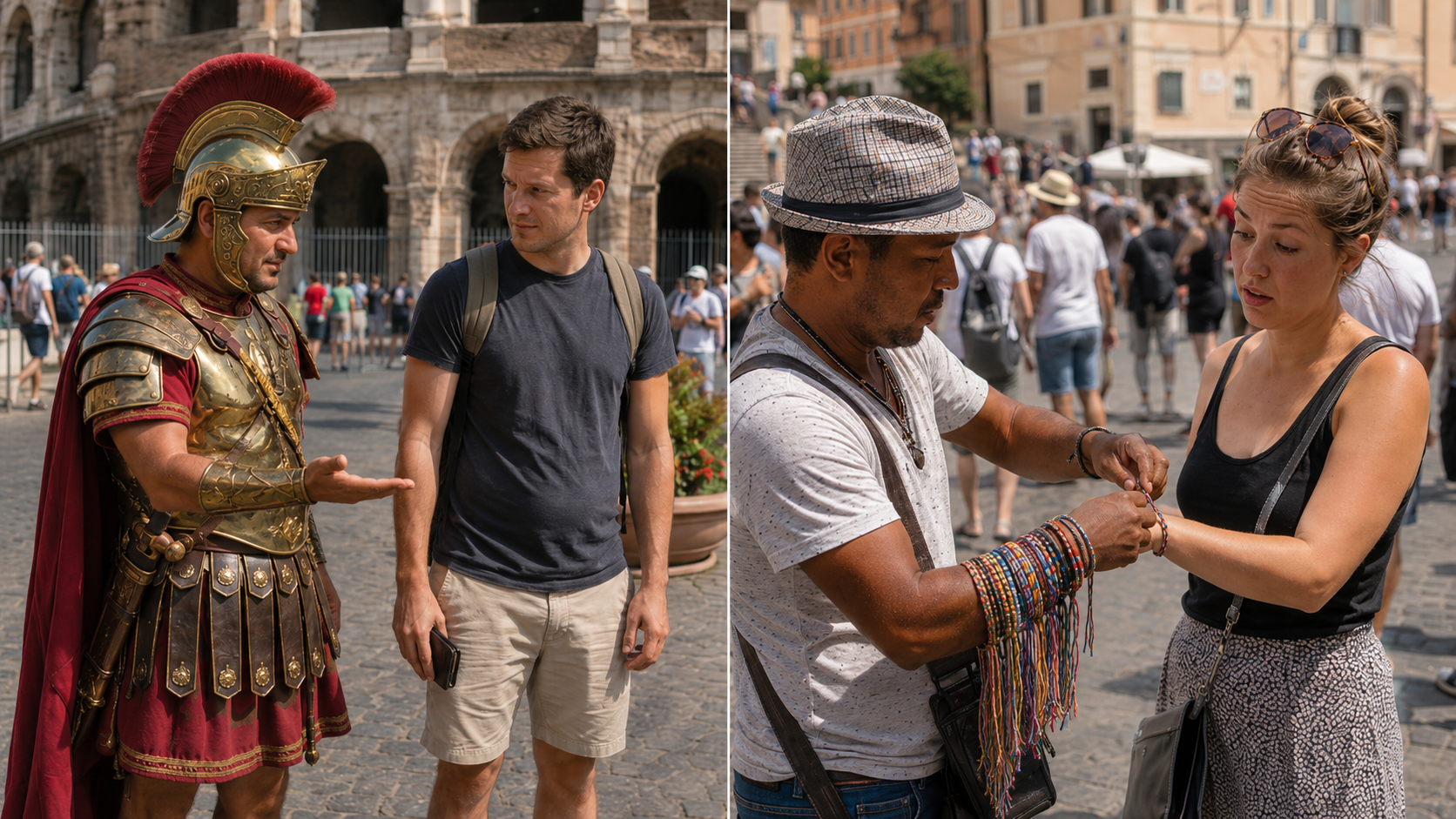 Costumed gladiator and a bracelet vendor approaching tourists near Roman ruins