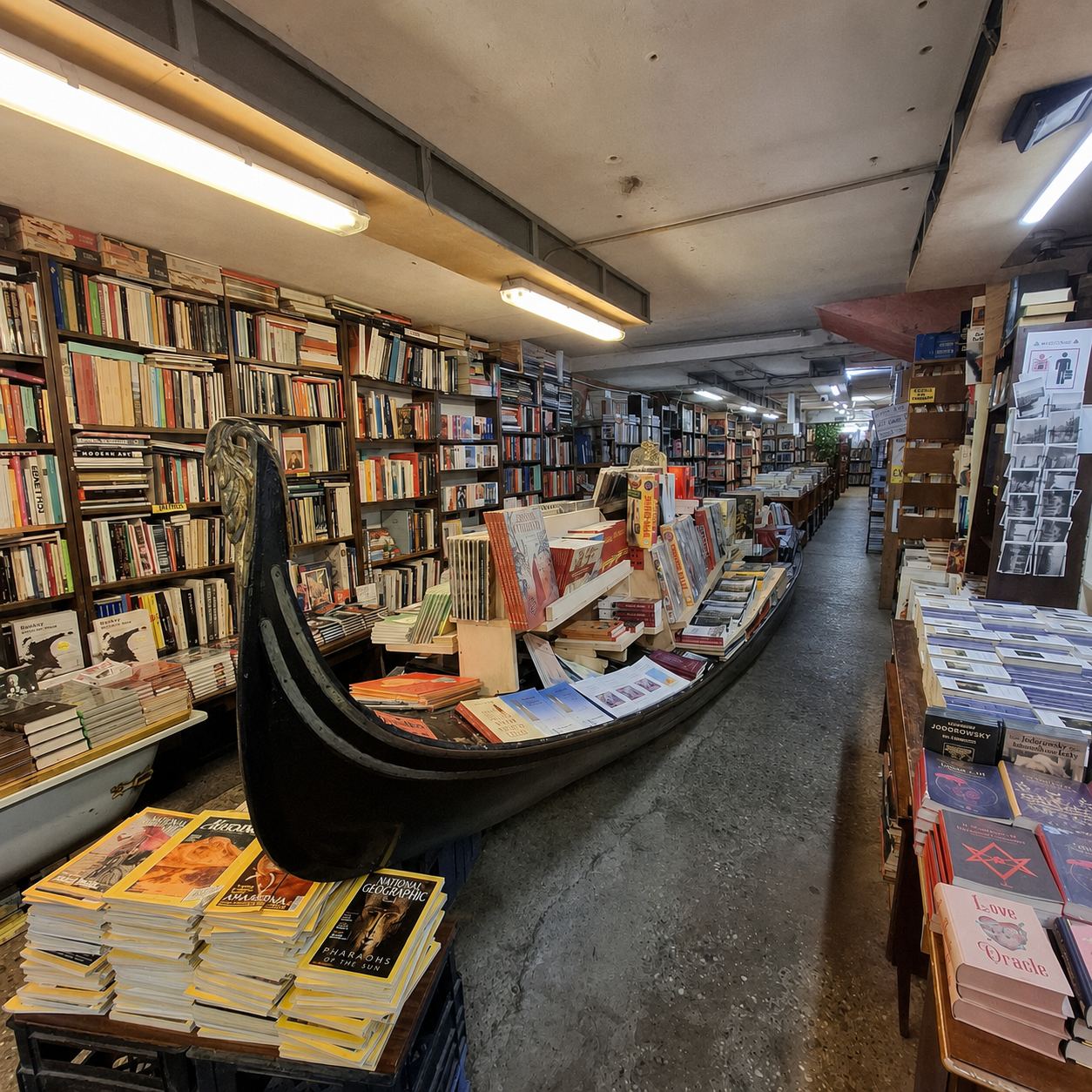 Libreria Acqua Alta bookshop in Venice with books stacked in a gondola