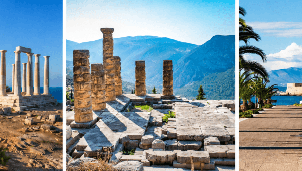 The Temple of Poseidon at Cape Sounion, the Temple of Apollo at Delphi, and the Bourtzi fortress in Nafplio harbour
