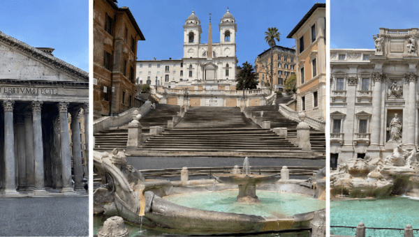 The Pantheon, the Spanish Steps and the Trevi Fountain in Rome, shown side by side