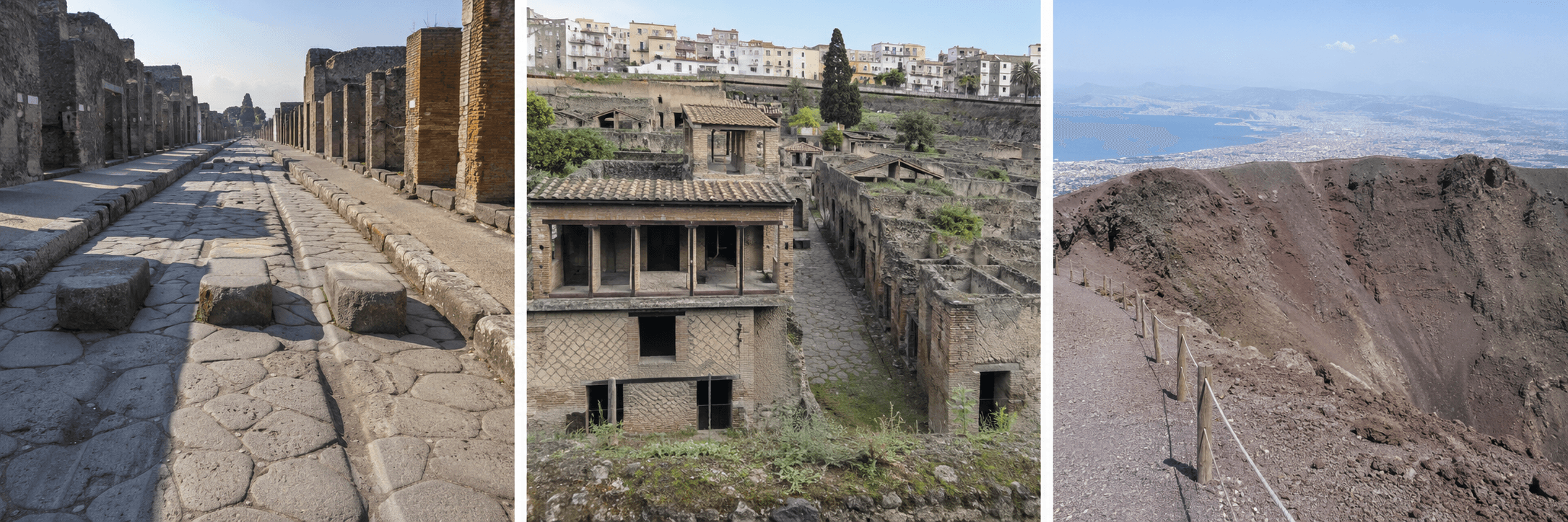 A Pompeii street, the excavations at Herculaneum, and the summit crater of Mount Vesuvius