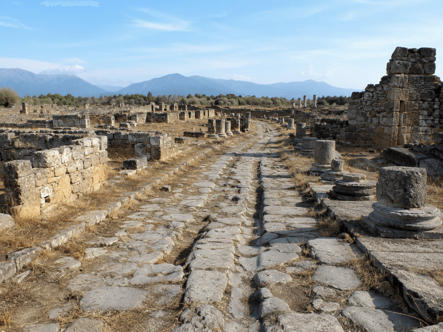 A paved Roman road with cart ruts running between stone walls and column bases