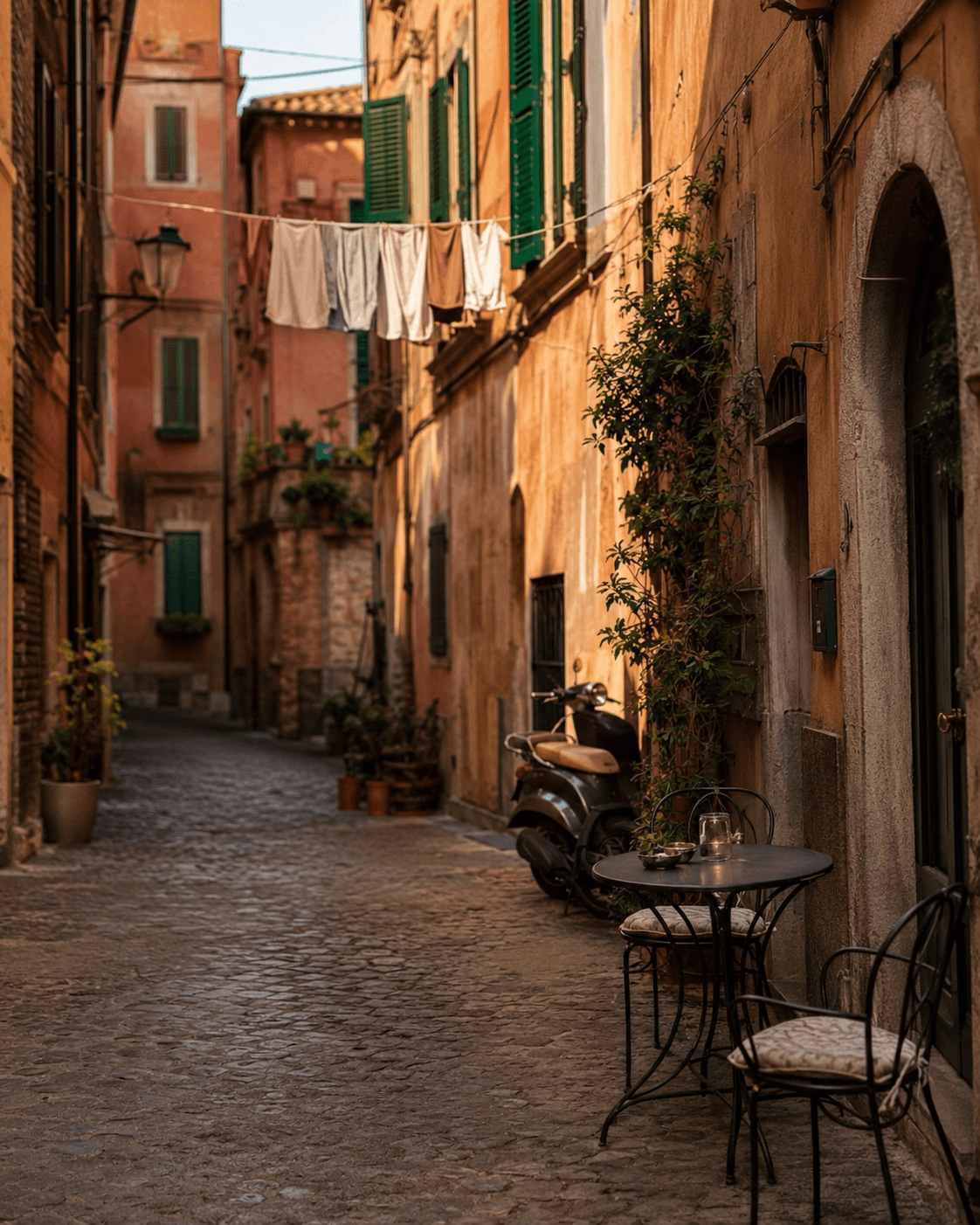 A narrow cobblestone street in an Italian city at golden hour, with a scooter and a cafe table