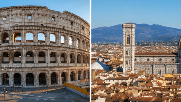 The Colosseum in Rome beside Florence Cathedral, its dome and the campanile above the city rooftops