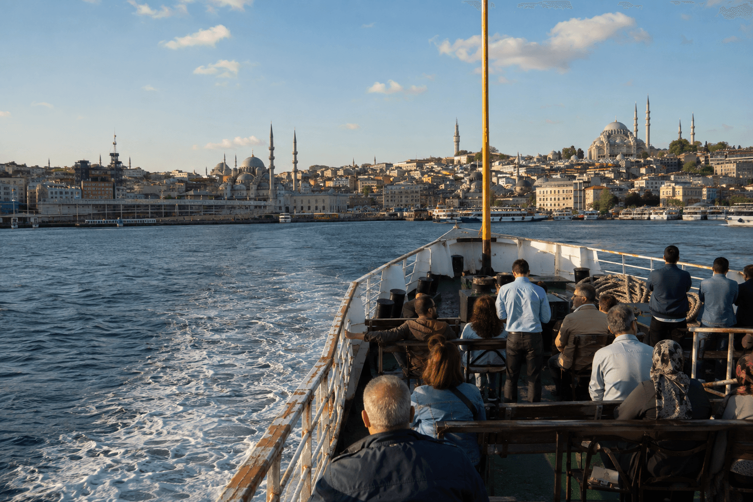 View from the bow of a public Istanbul ferry with the historic skyline filling the horizon ahead