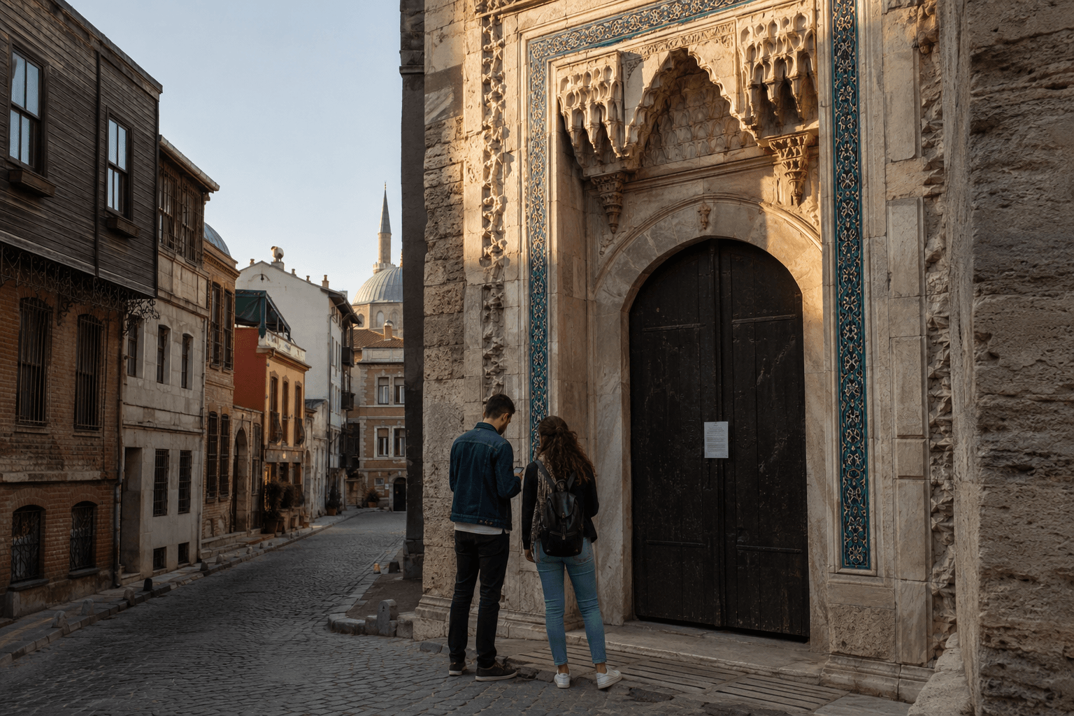 Closed Ottoman gateway in Istanbul with two travellers checking a phone, a dome and minaret behind