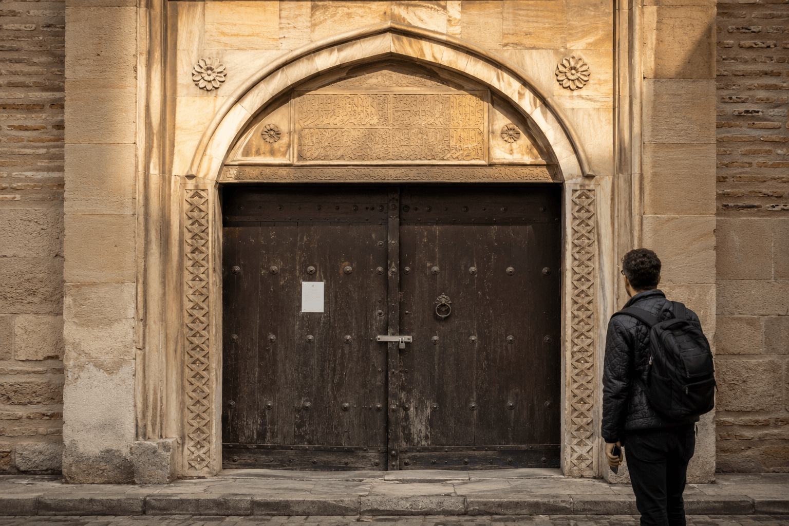 Heavy iron studded timber doors closed behind a carved Ottoman marble arch with a small unreadable notice