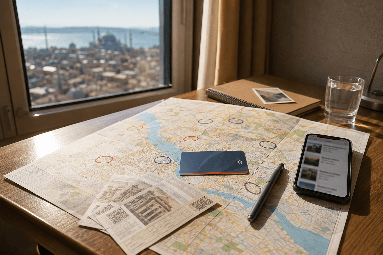An Istanbul street map on a hotel desk with a plain travel card, admission slips and a pen