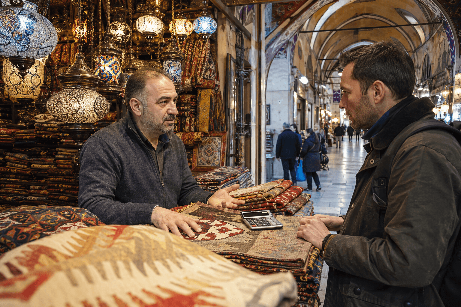 A shopkeeper and a traveller talking across a counter of folded kilims with a calculator between them