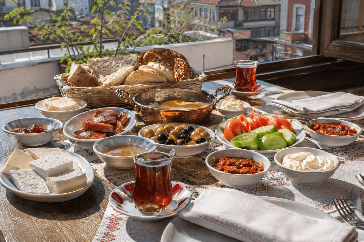 A full Turkish breakfast spread of small plates and tulip tea glasses on a terrace table