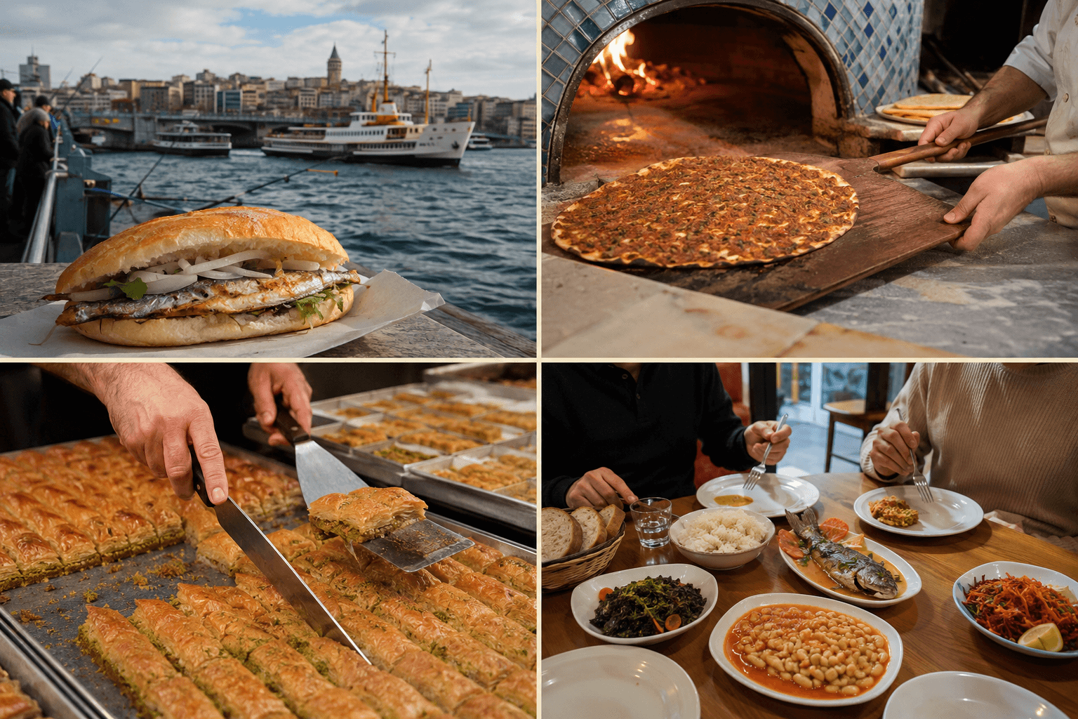 Four Istanbul dishes: a fish sandwich by the water, lahmacun from a wood oven, baklava cut by weight, and a neighbourhood dinner table