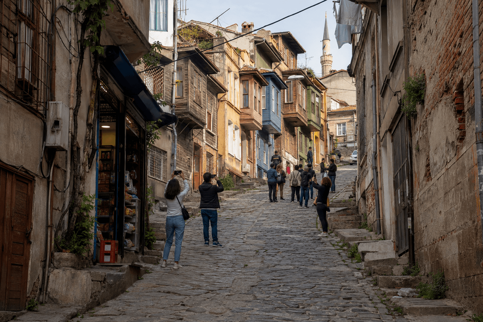 A steep Balat street where a short row of coloured houses sits among ordinary un-restored buildings as visitors raise phones