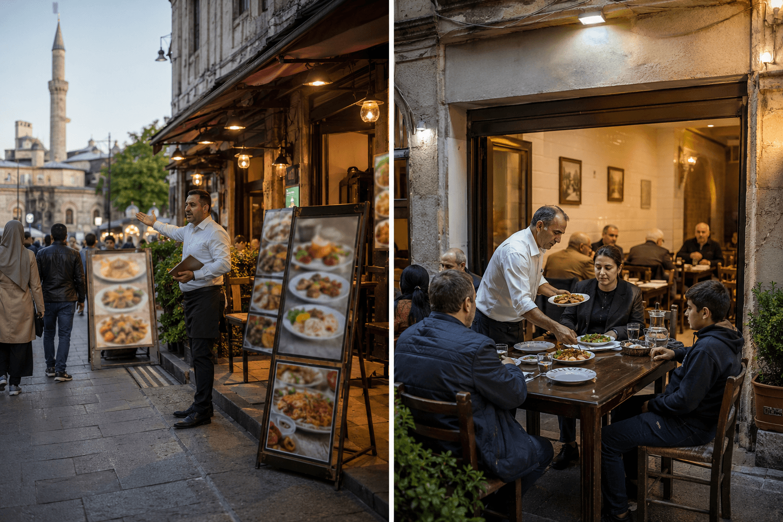 A tourist-facing Istanbul restaurant with picture menus beside a quiet neighbourhood restaurant serving local diners