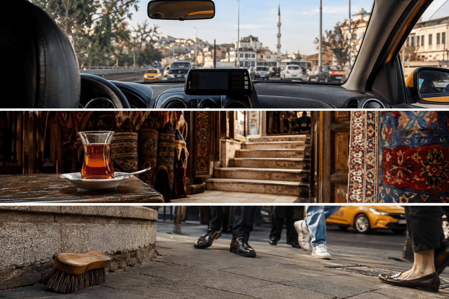 Three Istanbul street scenes: a licensed taxi interior, tea beside rolled carpets, and a shoeshine brush on the pavement