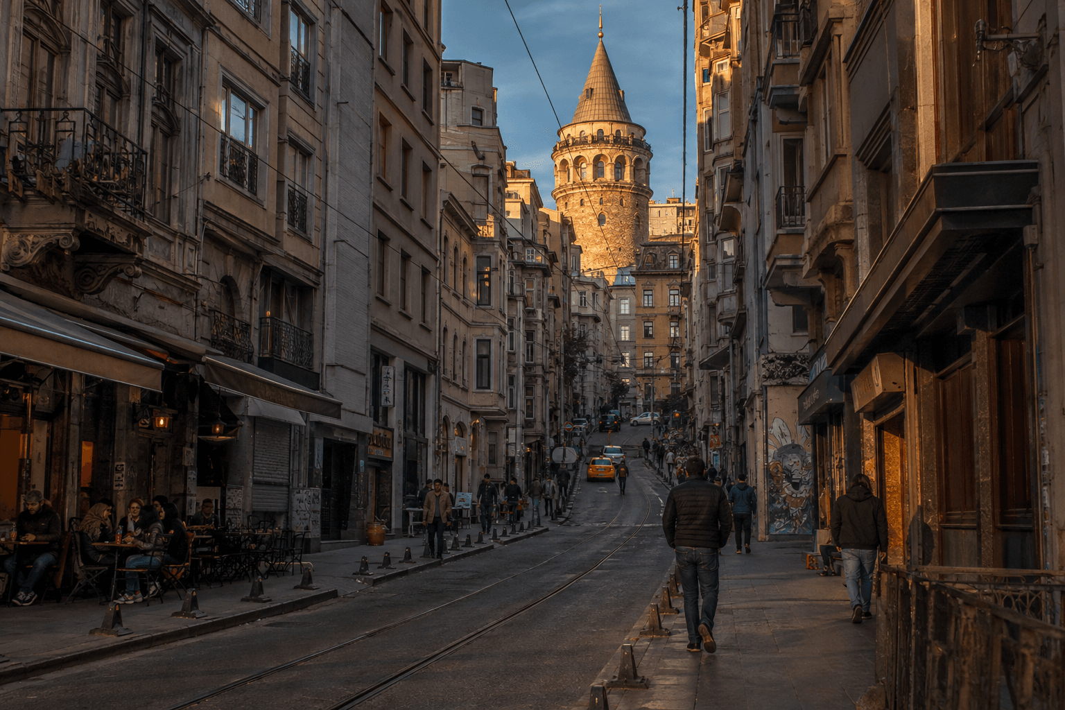Karakoy street at evening with tram tracks, restaurant tables and Galata Tower rising at the end of the lane
