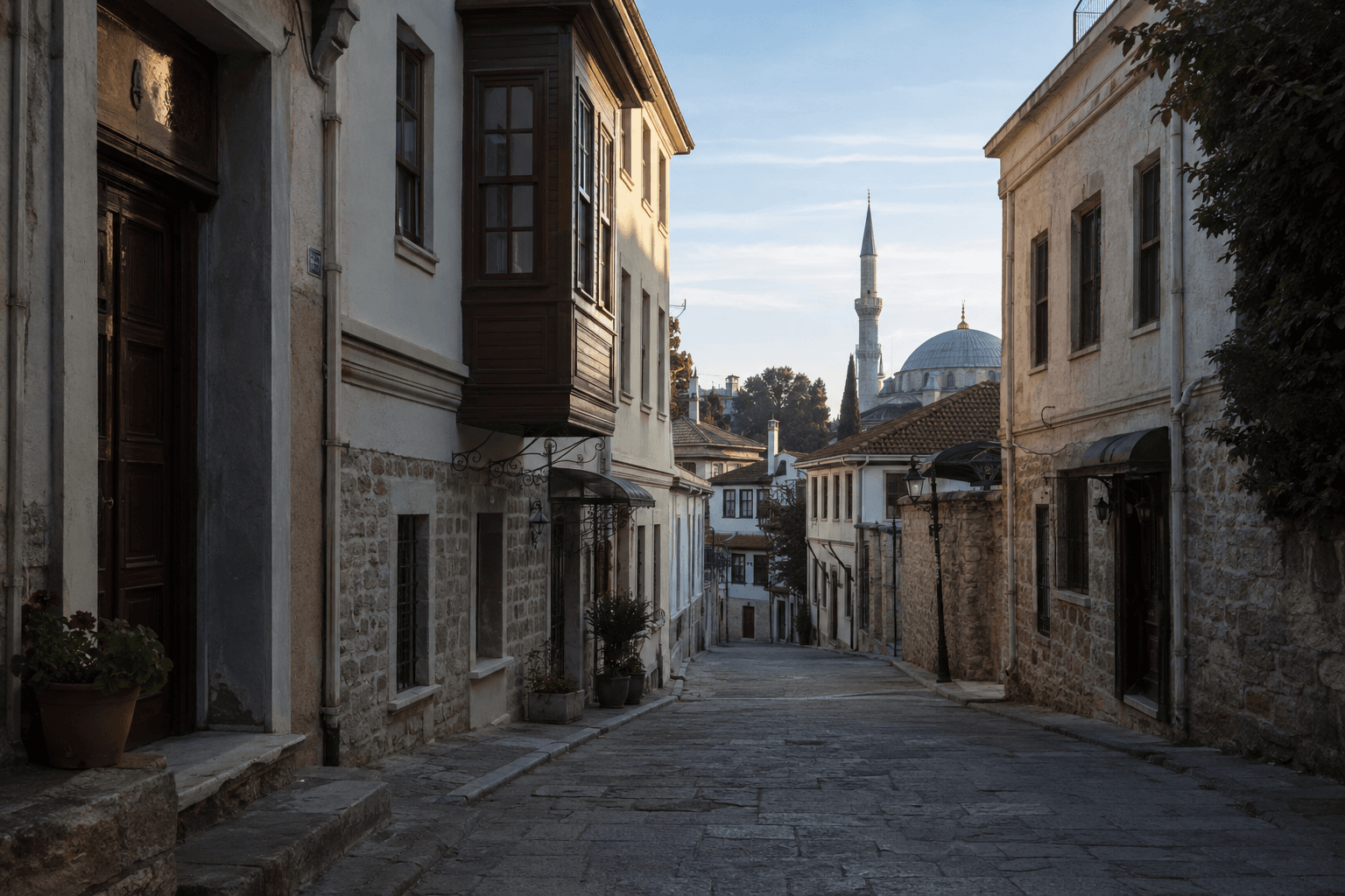 Quiet Sultanahmet side street at dawn with an Ottoman timber bay window and a mosque dome closing the view