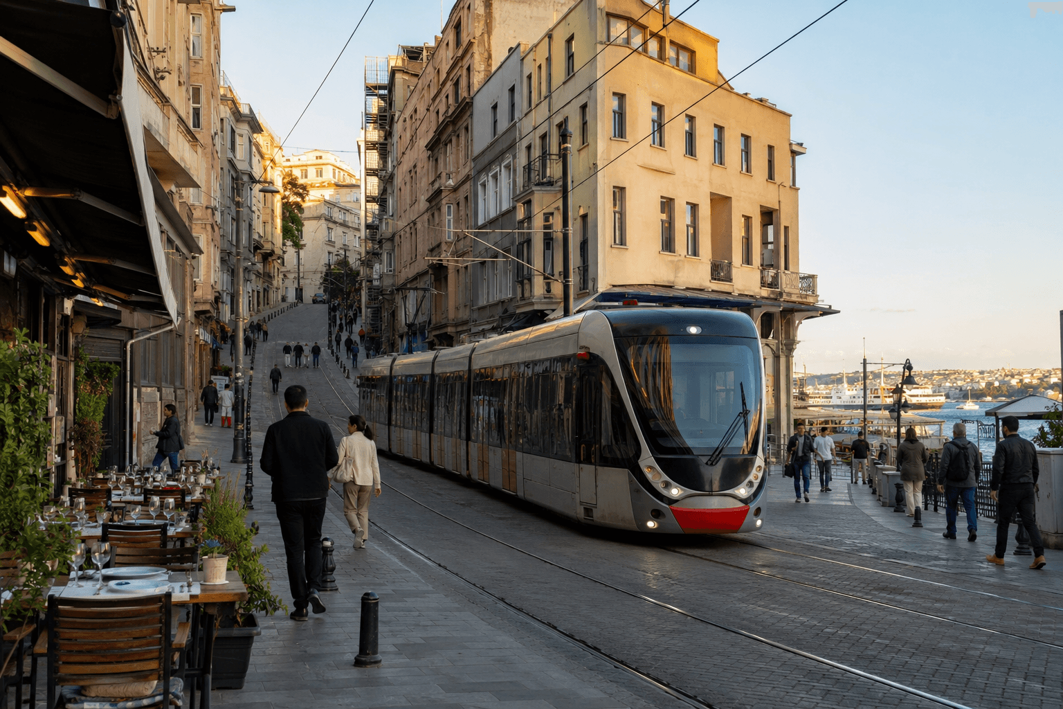 Tram coming down a lower Karakoy street past restaurant terraces, with the water and moored ferries beyond