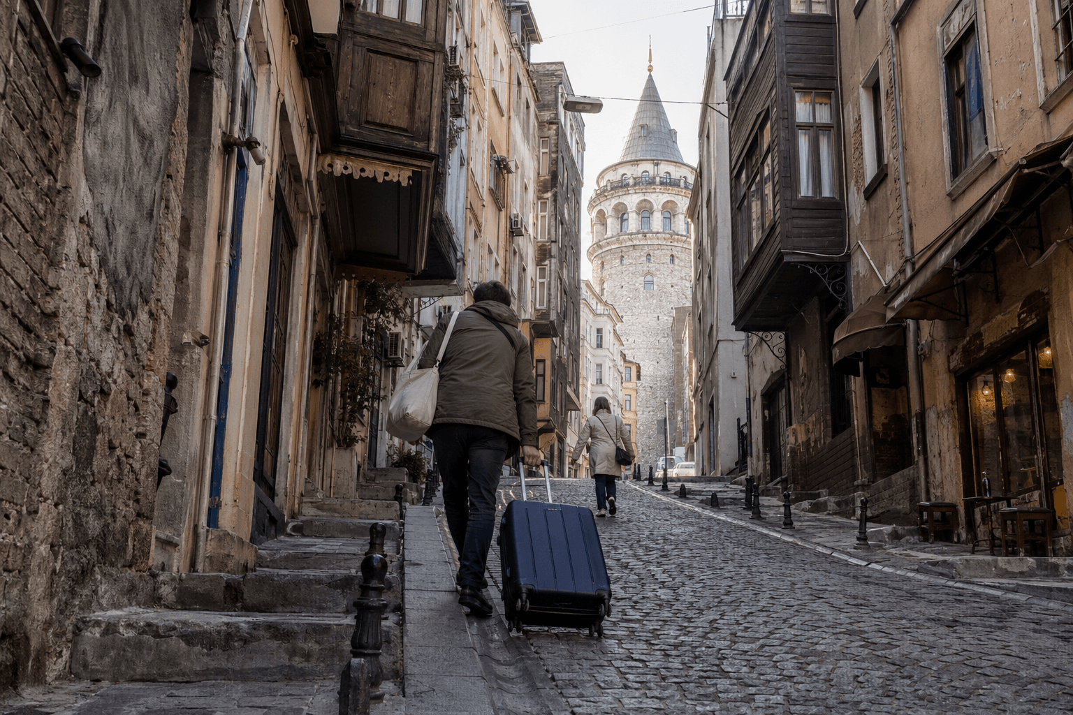 A traveller hauling a wheeled suitcase up a steep cobbled Galata lane toward Galata Tower