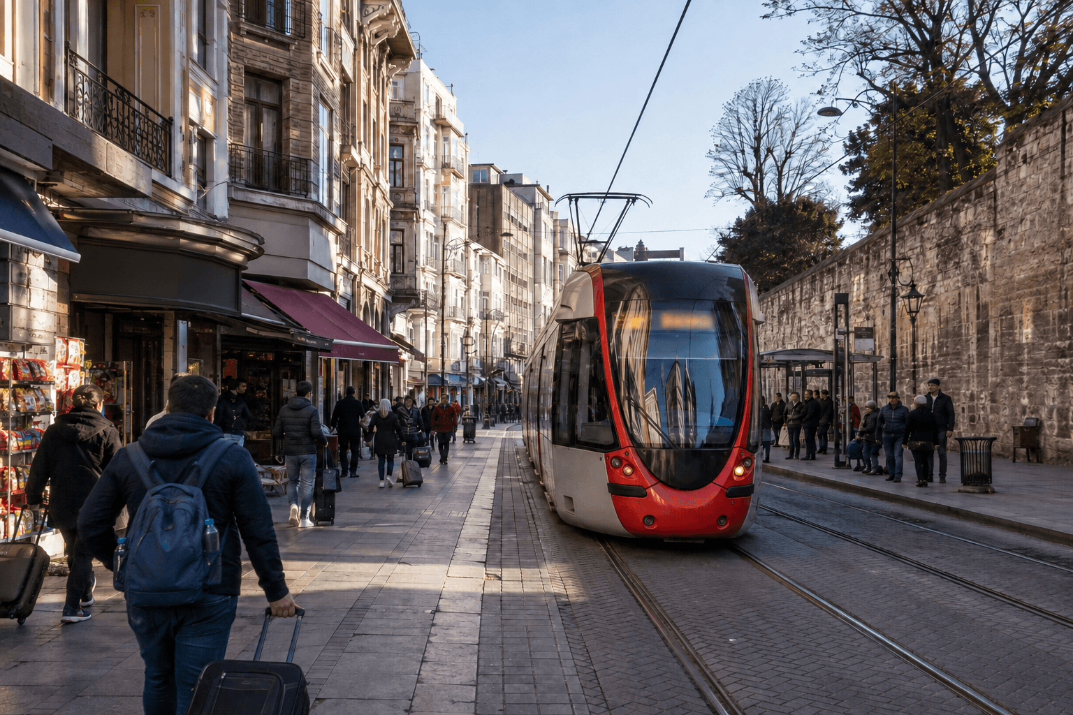 Istanbul tram at a Sirkeci stop with travellers wheeling luggage along the pavement beside it