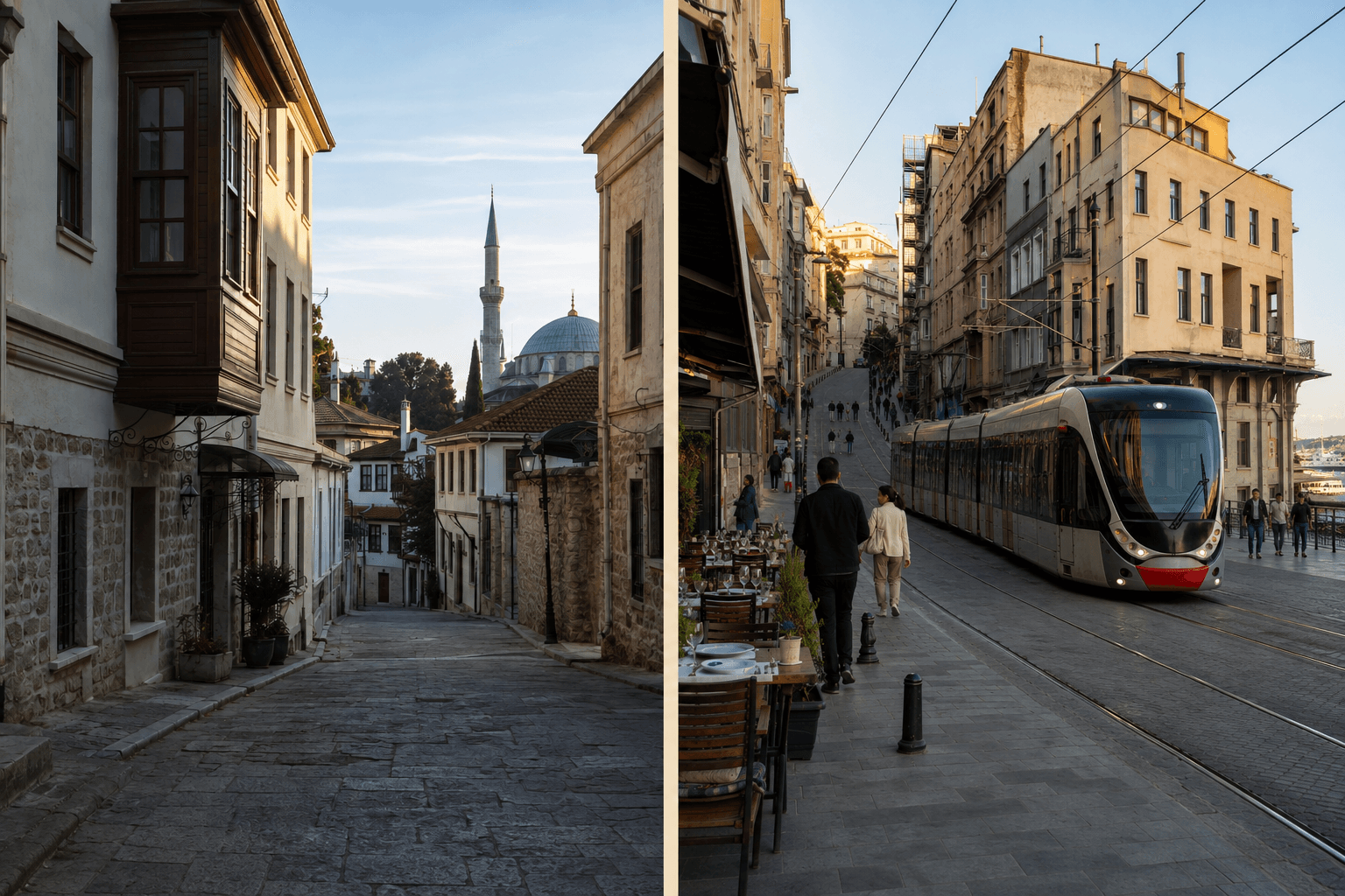 Side by side comparison of a quiet Sultanahmet lane at dawn and lower Karakoy with a tram and restaurants at dusk
