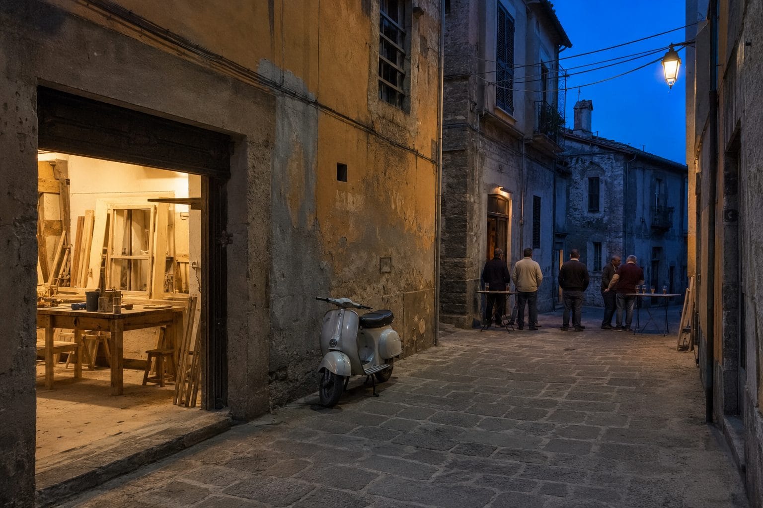 An open artisan workshop spilling warm light onto an Oltrarno street at dusk, with people gathered outside a small bar further along