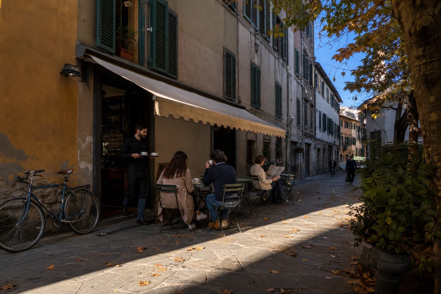 Morning sunlight crossing a shaded Florence side street onto the outdoor tables of a small neighborhood bar in early autumn