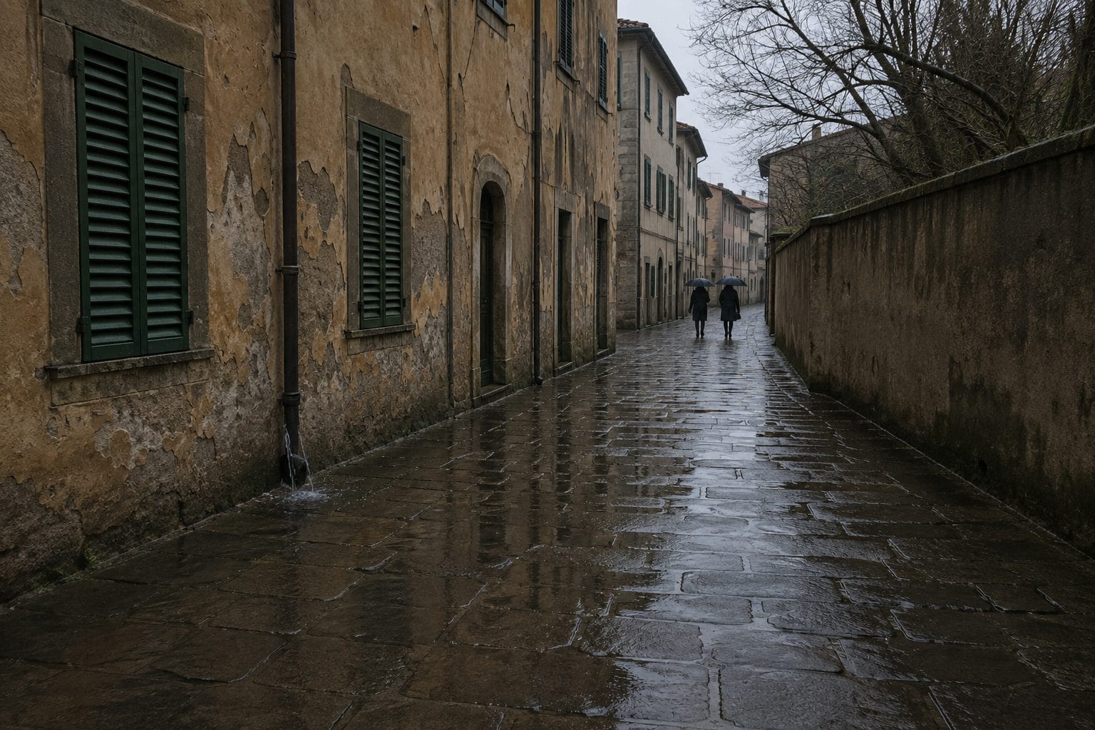 A narrow Florence street on a wet winter afternoon, rain-slicked paving reflecting the light with two figures under an umbrella in the distance