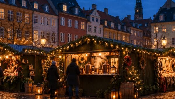 Wooden Christmas market huts strung with warm lights on a wet cobbled square at dusk, with people in winter coats and old townhouses behind