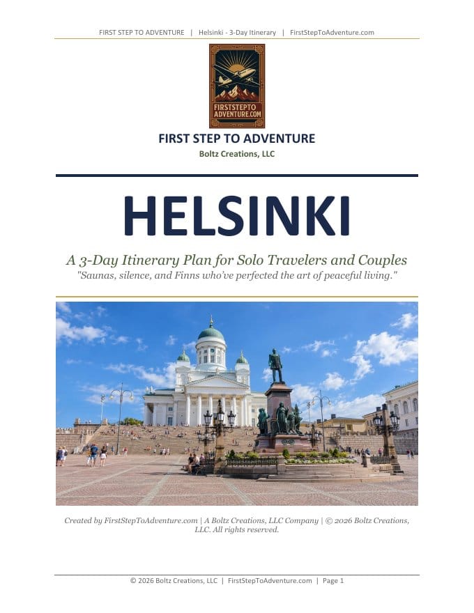 Cover of the Helsinki 3-Day Itinerary PDF guide by First Step to Adventure