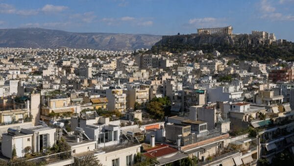 The Acropolis and Parthenon seen across the rooftops of central Athens, with dense modern apartment blocks and solar water heaters filling the foreground.