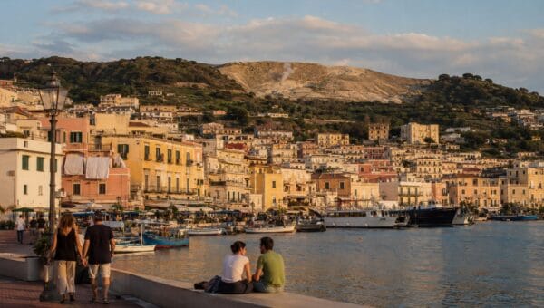 The waterfront at Pozzuoli on the Bay of Naples in late afternoon light, with pastel buildings climbing the slope behind the harbour and the rim of the Campi Flegrei caldera above the town.