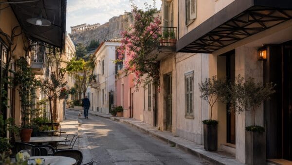 A quiet street of neoclassical houses in central Athens in morning light, with cafe tables, bougainvillea and the Acropolis visible above the rooftops at the end of the street.