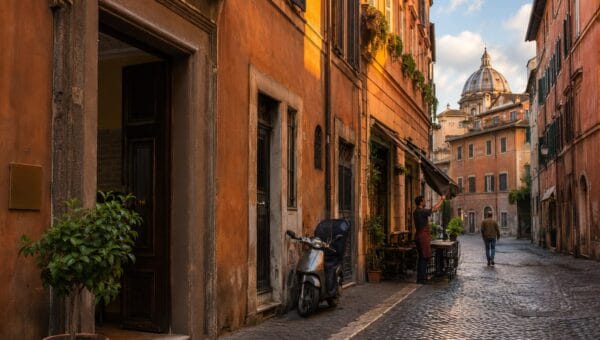 A narrow cobbled street in the historic centre of Rome in early morning sun, with a small hotel entrance and brass plate in the foreground, a cafe being opened, and a baroque church dome at the end of the street.