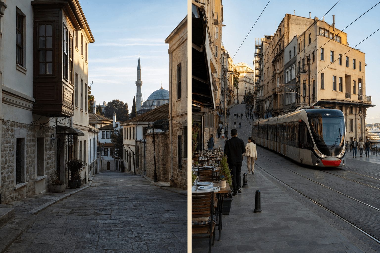 Side by side comparison of a quiet Sultanahmet lane at dawn and lower Karakoy with a tram and restaurants at dusk