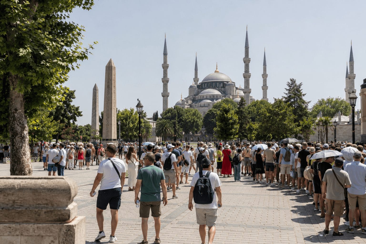 A summer queue under sun umbrellas on the same Sultanahmet approach in hard midday light